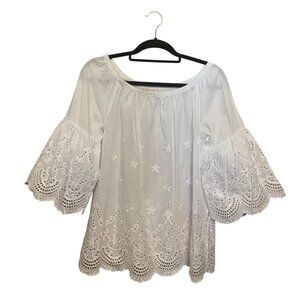 Micheal Kors Women’s Top White Eyelet Balloon Sleeves Boat Neck Sz M Cottagecore